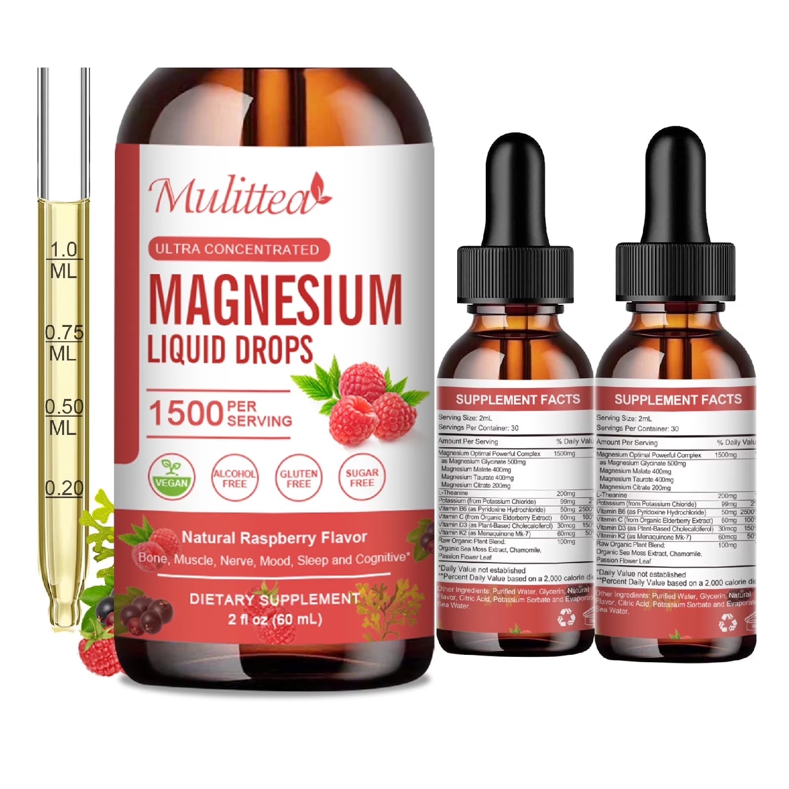 4 Fl Oz Magnesium Liquid Drop - Complex Magnesium with Citrate, Malate and Taurate - Sugar-Free Vegetarian- Raspberry Flavor